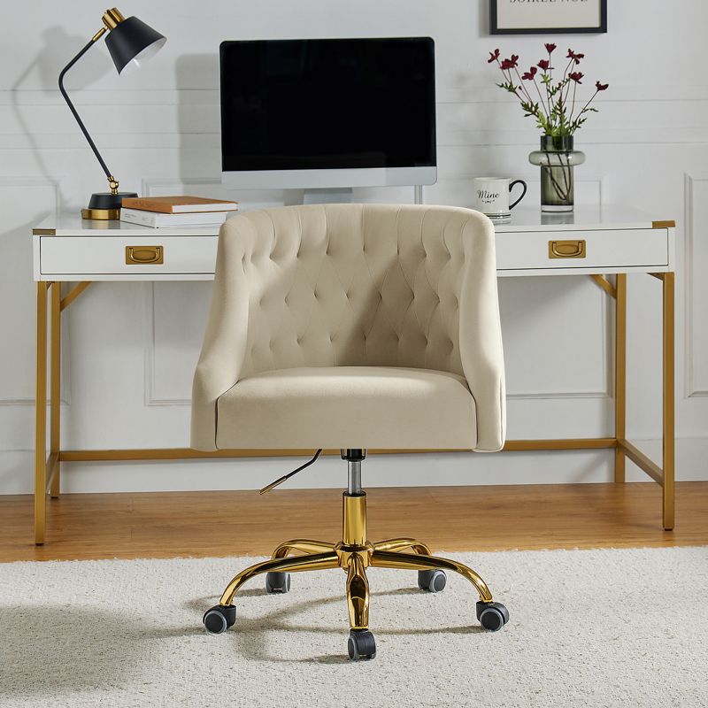 Anika Velvet Height-adjustable Swivel Task Office Chair with Button-tufted Back and Gold Base | Karat Home, 4 of 13