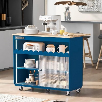 Acekool Rolling Kitchen Island with Sliding Fluted Glass Doors, Ambient Glow, Rubberwood Countertop, Power Outlets, Gray Blue