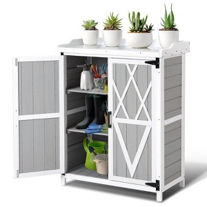 Outdoor Storage Cabinet, Potting Bench - Waterproof Wooden Garden Work Station with Galvanized Tabletop, Adjustable Shelves for Backyard/Patio/Lawn - 1 of 4