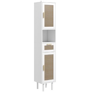 HOMCOM Tall Bathroom Storage Cabinet with Rattan Doors, Freestanding Bathroom Cabinet with Open Shelf, Drawer, Cabinets - 1 of 4