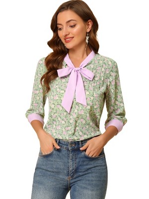 Allegra K Women's Floral Bow Tie V Neck Contrast Trim 3/4 Sleeve Vintage Blouse