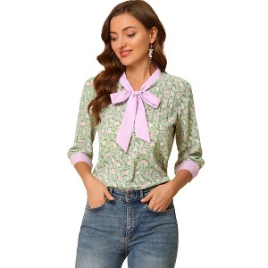 Allegra K Women's Floral Bow Tie V Neck Contrast Trim 3/4 Sleeve Vintage Blouse - 1 of 4