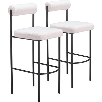 Zuo Modern Livorno Barstool Set of 2,40.2" H Ivory Shearling Fabric Plush Seat Black Steel Frame Modern Style