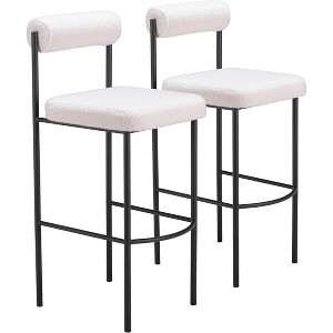 Zuo Modern Livorno Barstool Set of 2,40.2" H Ivory Shearling Fabric Plush Seat Black Steel Frame Modern Style - 1 of 4