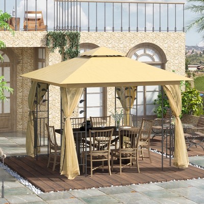 Beige 10' x 10' Steel Frame Outdoor Gazebo with Mesh Netting