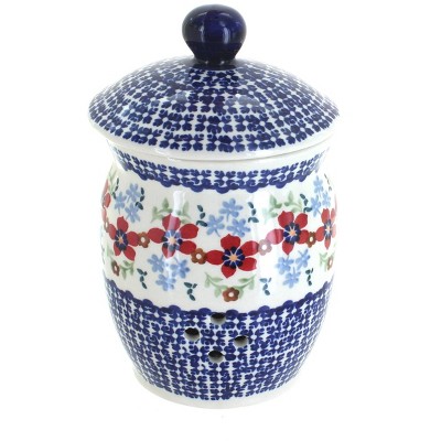 Blue Rose Polish Pottery Red Poppy Garlic Keeper