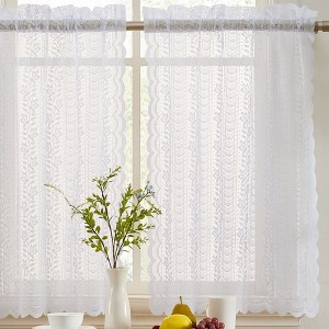 HLC.ME Sophia Floral Rod Pocket Lace Semi Sheer Voile Short Cafe Tiers - Set of 2 - 1 of 4