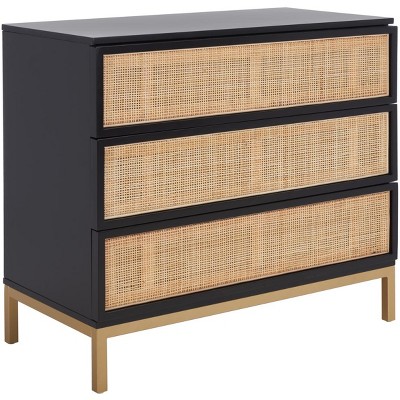 Black and Natural Rattan 3-Drawer Chest with Gold Legs