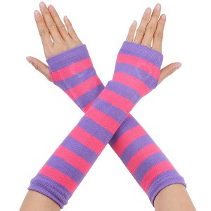 Allegra K Women's Stripe Print Knitted Fingerless Elbow Length Gloves Warmers One Size 1 Pair - 1 of 4