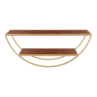 Walnut Brown and Gold Half-Moon Floating Wall Shelf