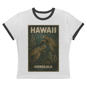 Rerun Island Women's Hawaii Honolulu Turtles Short Sleeve Graphic Cotton Retro Vintage Ranger Baby Tee - White Caviar 2X - 1 of 4