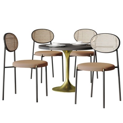 LeisureMod 5-PC Dining Set - 36" Round Dining Table Black MDF Top & Gold Base, 4 Velvet Dining Chairs in Black Steel Legs