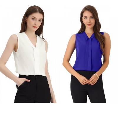 INSPIRE CHIC Women's Pleated V Neck Solid Work Sleeveless Blouse 2 Packs