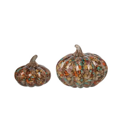 Transpac Glass 7 in. Amber Harvest Confetti Pumpkins Set of 2