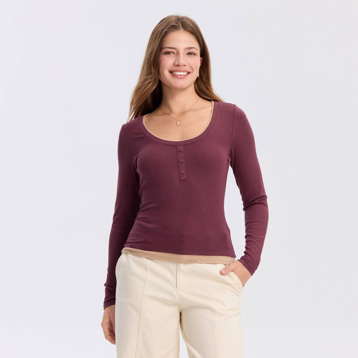 Women's Long Sleeve Contrast Ribbed Henley Top - A New Day™ - thumbnail 8