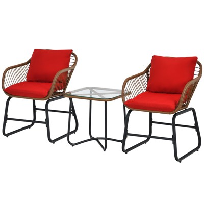 Tangkula 3 Pieces Outdoor Furniture Set Patio Bistro Set w/2 Armchairs & Tempered Glass Table White/Turquoise/Red