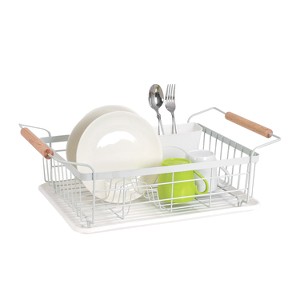 Trio Home 3-Piece Kitchen Counter Dish Drying Rack, wood handle, Removable Utensil Holder and Drainboard, Stainless steel - 1 of 3