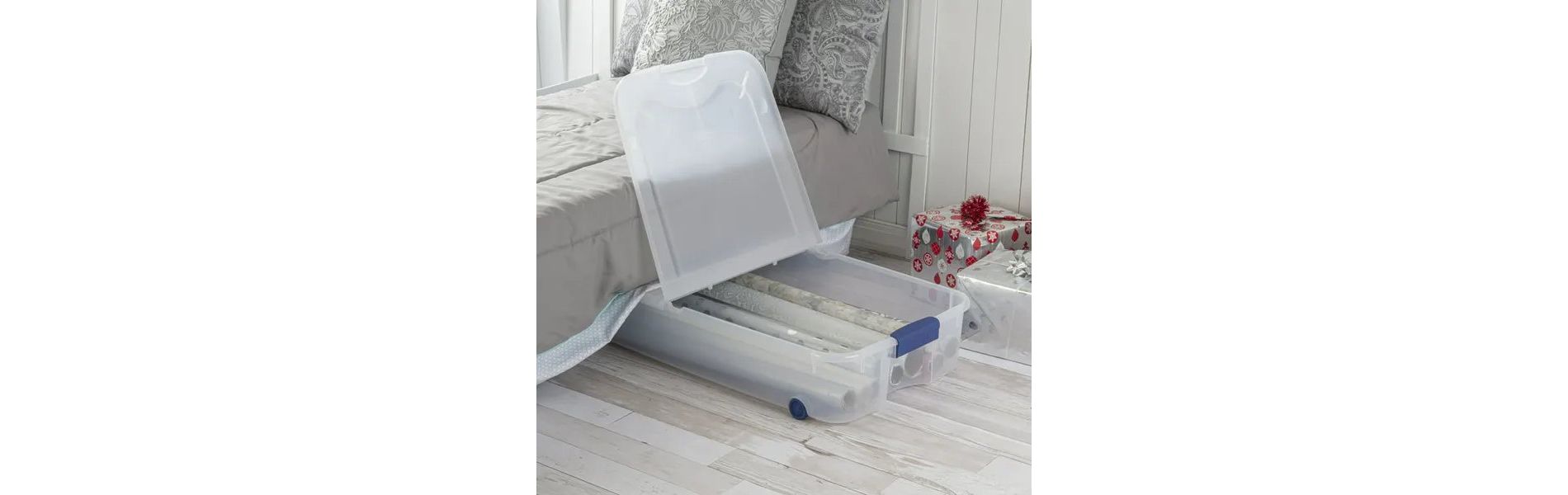 66 Quart Clear Underbed Storage Container with Latch Lid and Wheels, Blue
