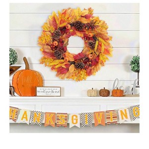 Maple Leaf, Berries, Wheat, Pumpkins & Fall Orange Wreath - 24" Artificial Wreath for Front Door Wall Window & Thanksgiving Decor Rattan Gift Ornamen - 1 of 4