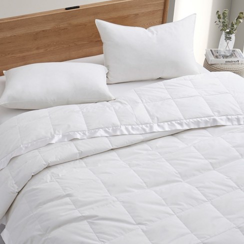 Puredown Ultra Lightweight White Down Blanket Soft Bed Cover For All Season Satin Trim White Cotton 90x108 inches