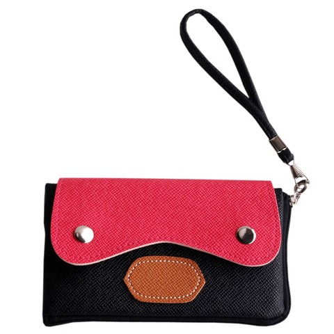 Slickblue Mobile Phone Pouch with Handle, Faux Leather, Clutch Purse, Colorblock Style, 5.7"x3.3", Black