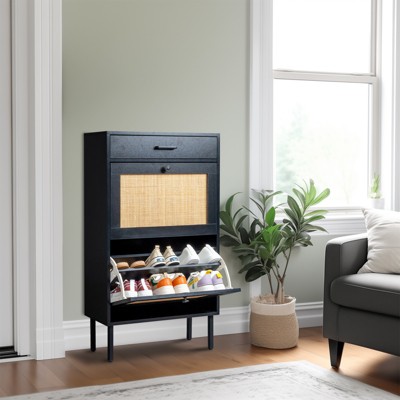 KTMBDW Shoe Cabinet Storage with 2 Flip Drawers, Free Standing Wooden Shoe Storage Organizer Cabinet with Rattan Doors for Entryway, Hallways