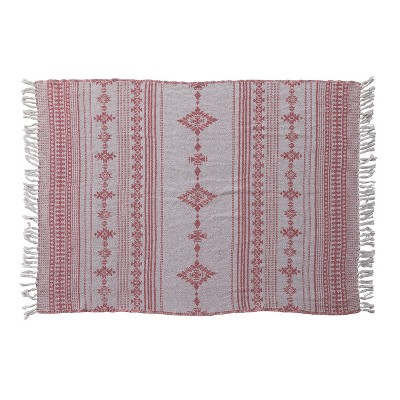 Storied Home Woven Blend Throw with Fair Isle Sweater Pattern and Fringe, Cream Color and Red
