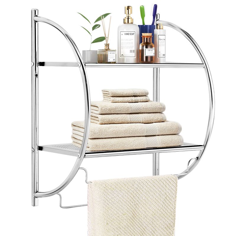 Costway Wall Mounted Bathroom Shelf with 2 Tier Bathroom Towel Rack 2 Towel Bars for Hotel White/Sliver, 1 of 9