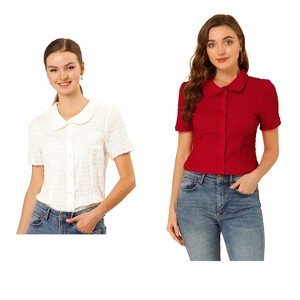 Allegra K Women's Sweet Ruffle Trim Peter Pan Collar Button-Down Shirt 2 Packs - 1 of 4