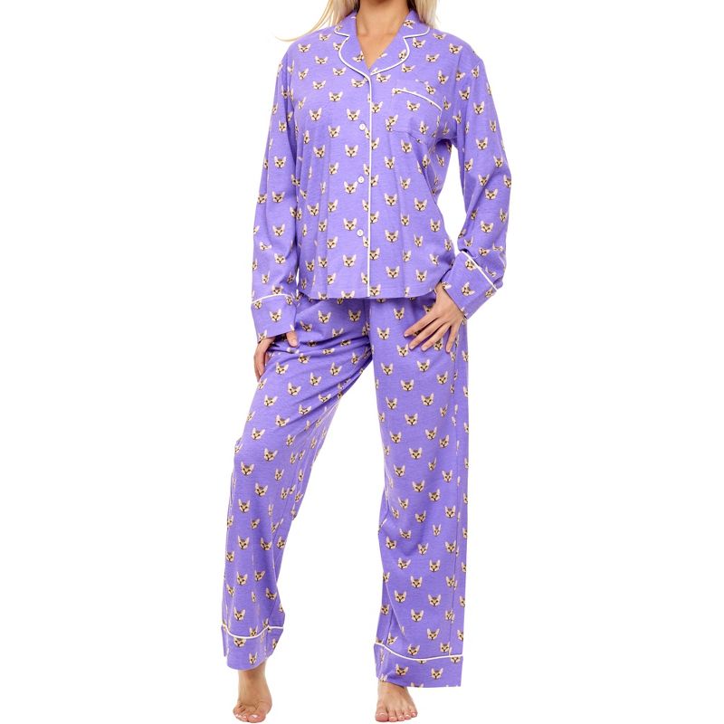Women's Soft Cotton Knit Jersey Pajamas Lounge Set, Long Sleeve Top and Pants with Pockets, 1 of 10