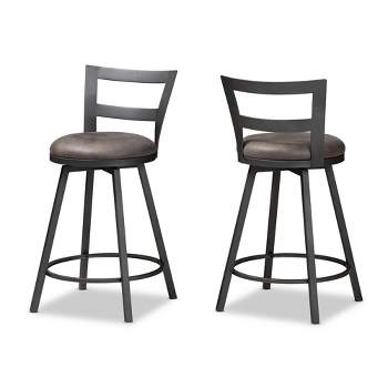 Set of 2 Arjean Faux Leather Upholstered Pub Counter Height Barstools Gray/Black - Baxton Studio