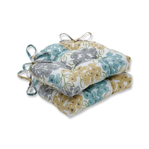 Set Of 2 Indoor Luxury Floral Pool Reversible Chair Pad Blue