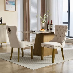 Akoasm 2-Piece Modern Velvet Upholstered Dining Chairs with Gold-Finished Wood Legs and Tacker Nail Accents-Beige - 1 of 4