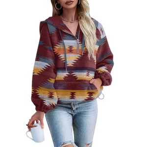 Imily Bela Womens Casual Aztec  Half Zip Up Hoodie Oversized Long Sleeve Ethnic Hooded Pullover - 1 of 2