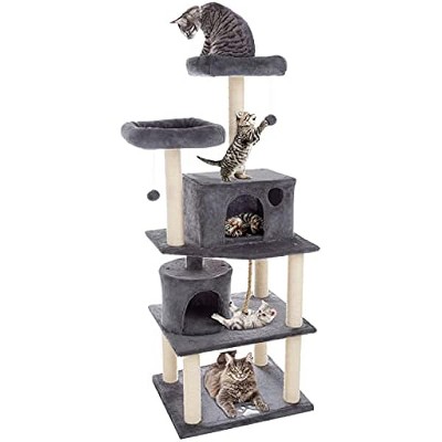 5-Tier Ultimate Cat Tree - 8 Cat Scratching Posts, 2 Padded Perches, 2 Kitty Huts, and 3 Hanging Toys for Multiple Cats by PETMAKER (Dark Gray)