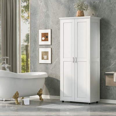 Tall Bathroom Storage Cabinets, Freestanding Floor Cabinet With 2 Doors, Adjustable Shelves, 5 Internal Compartments Kitchen Pantry