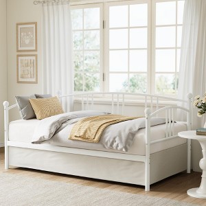 Twin Metal Daybed with Trundle, Pullout Trundle Bed Frame with Arched Headboard, Guest Sofa Bed with Steel Slat Support - 1 of 4