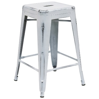 Emma and Oliver Commercial Grade 24"H Backless Distressed Metal Indoor-Outdoor Counter Stool