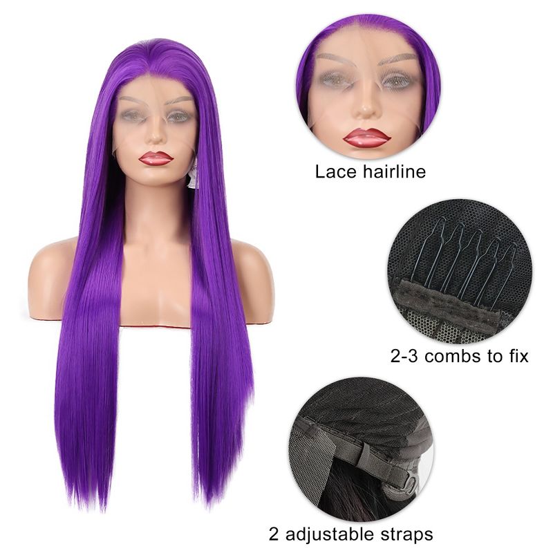 Unique Bargains Long Straight Hair Lace Front Wigs Women's with Wig Cap 24" Bright Purple 1PC, 5 of 7