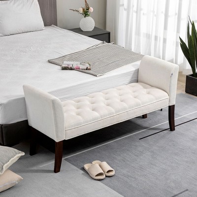 Elegant Cream White Linen Upholstered Bed End Bench with Tufted Design