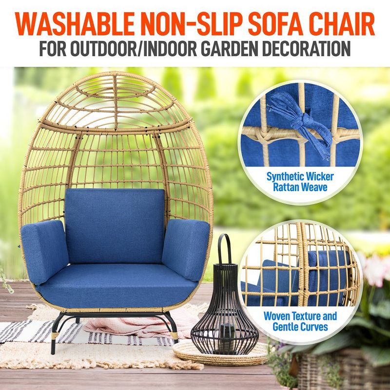 SereneLife Wicker Rattan Egg Chair, Indoor Outdoor Blue Sofa Chair for Patio Backyard and Living Room with 4 Cushions and Powder Coated Steel Frame, 3 of 10