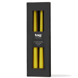 tag Color Studio 12" Traditional Taper Unscented Smokeless Paraffin Wax Candle Yellow Set of 4, Burn Time 8 hrs. - 1 of 2