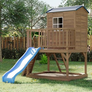 2-Story Cedar Kids Playhouse,Elevated Outdoor Fort w/ Slide, Sandbox & Step Ladder - Backyard Wooden Play Set, Weather-Resistant Cedar - 1 of 4