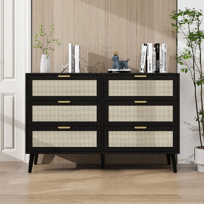 NicBex Bedroom Dresser with 6 Rattan Drawers,Double Chest of Drawers with Pine Wood Legs for Kids Room,Living Room,Entry and Hallway,Black