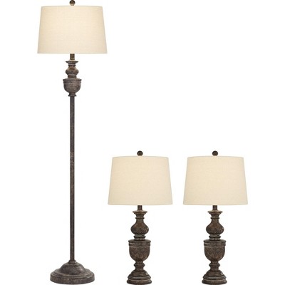 Regency Hill Vase Farmhouse Rustic Country Cottage Table and Floor Lamp Set Brown Faux Dark Wood Finish Off-White Shade Living Room Bedroom Bedside