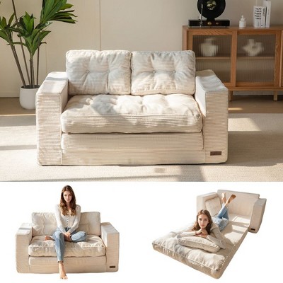 MAXYOYO Convertible Sofa Bed, Pull Out Loveseat Sleeper Sofa, 2 in 1 Folding Couch Bed, Beige