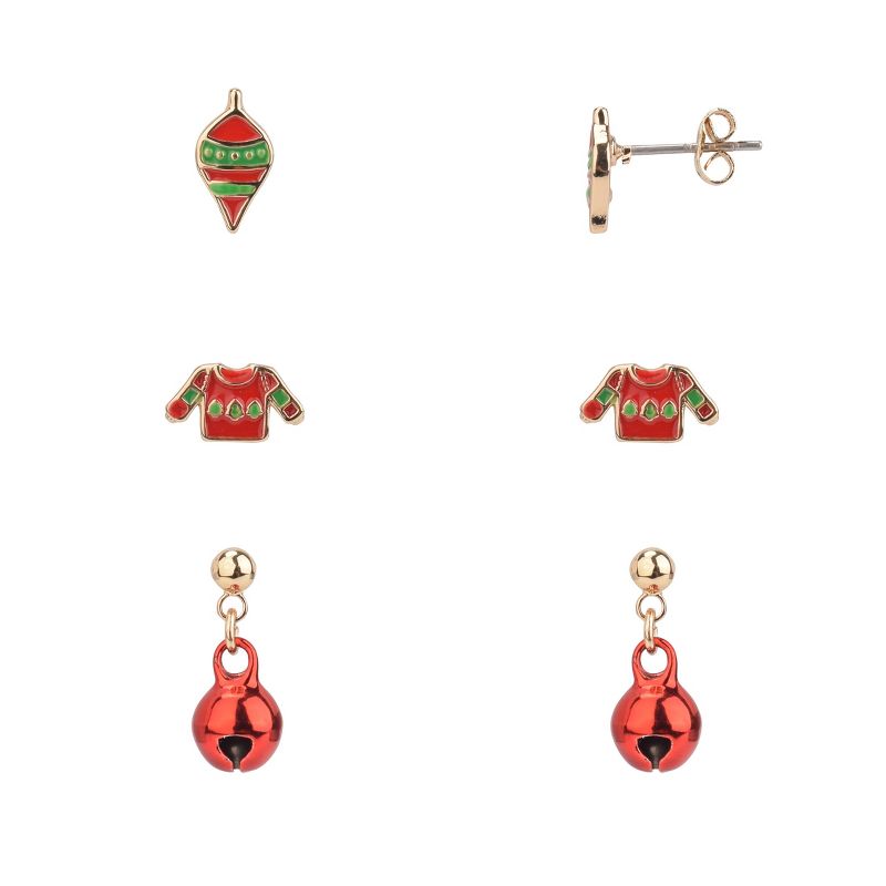 FAO Schwarz Ugly Sweater, Ornament and Jingle Ball Trio Earring Set, 1 of 3