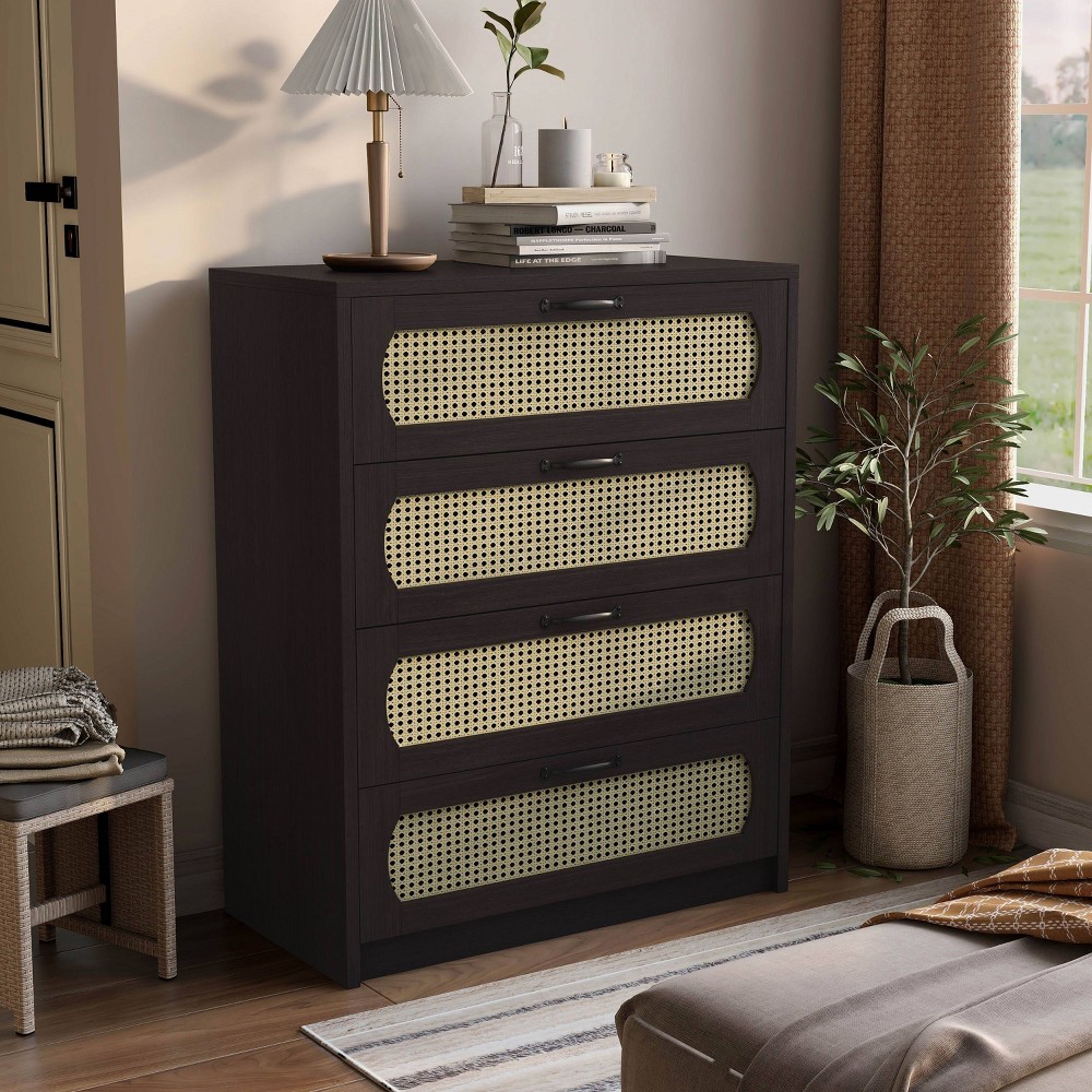 Summertree Transitional Faux Rattan Webbed 4 Drawer Chest Espresso - miBasics: Boho-Style, Resort Feel, Space-Saving Design