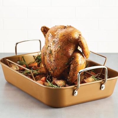 Copper Nonstick Rectangular Roasting Pan with Stainless Steel Handles