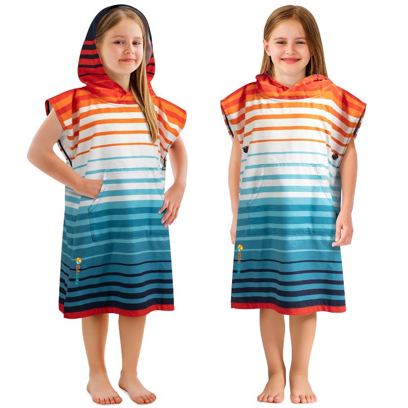 SUN CUBE Lightweight Kids Towel Changing Swim Robe Surf Beach Towel, Quick Dry Microfiber Hooded for Boys Girls 3-7 Years (Orange Stripe)